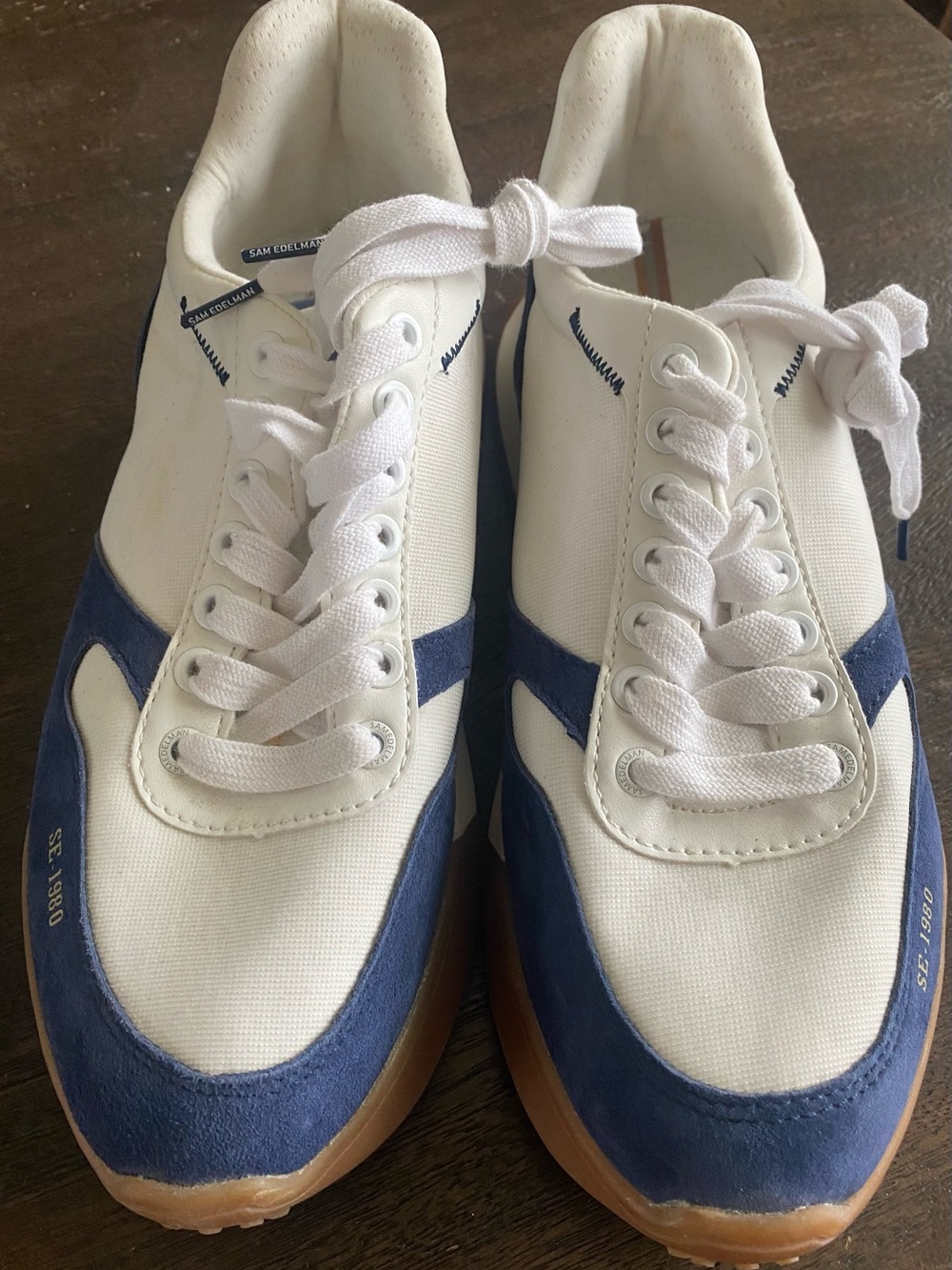 New! Sam Edelman Women’s White and Blue Canvas Sneakers Size 9.5 - Picture 2 of 13